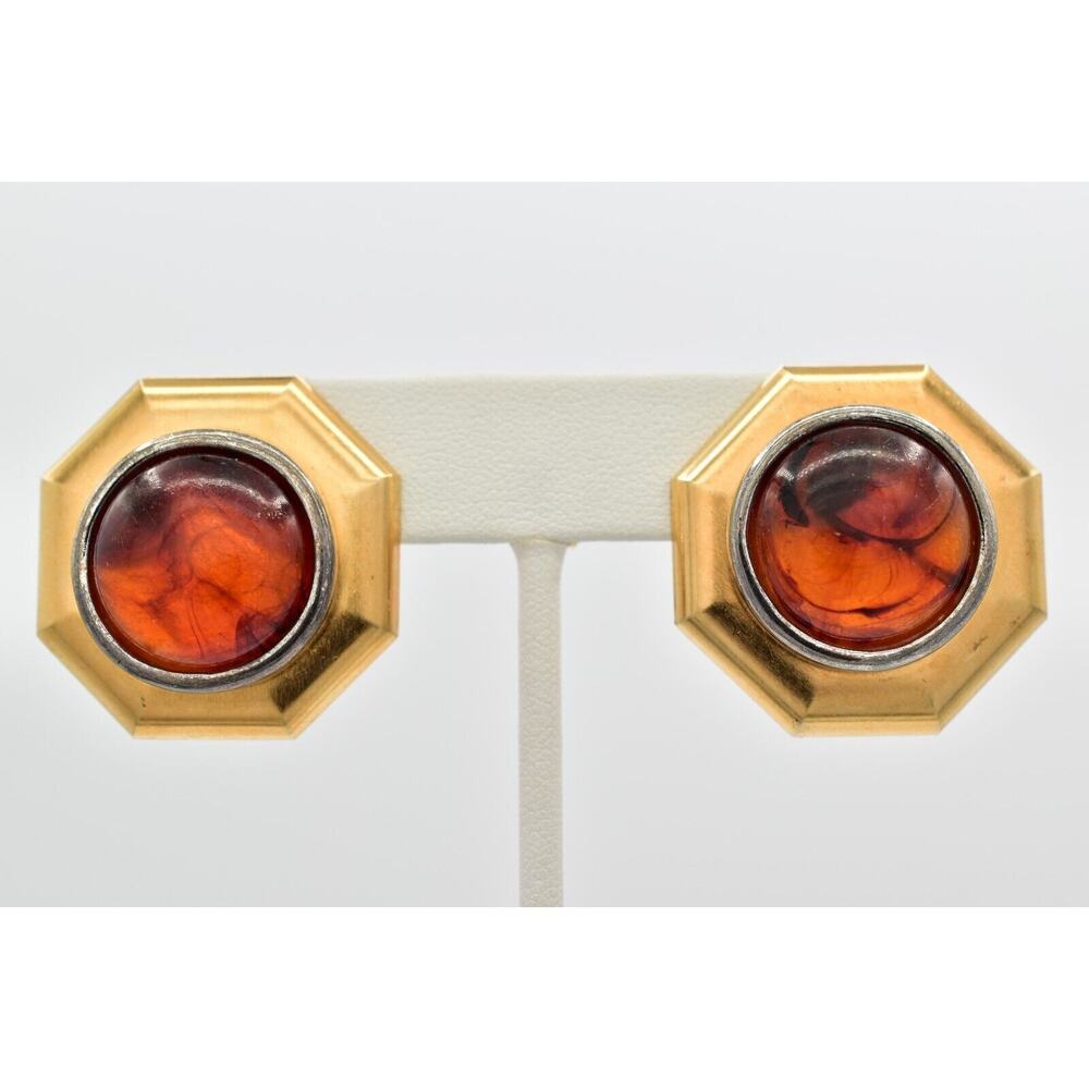 Vintage Cabochon Clip On Earrings Tortoise Amber Gold Tone Chunky 1980s BinAI
